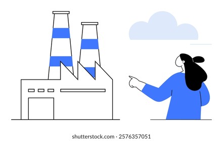 A minimalistic style factory with striped chimneys and a person pointing towards it with a cloud in the background. Ideal for industrial themes, environmental awareness, manufacturing, pollution