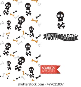Minimalistic style greeting card for halloween, inspired by spooky symbolism. Seamless pattern with stylized holiday symbol on one side. On another inscription: night party. Vector template.