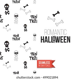 Minimalistic style greeting card for halloween, inspired by spooky symbolism. Seamless pattern with stylized holiday symbol on one side. On another inscription: romantic halloween. Vector template.