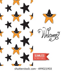 Minimalistic style greeting card for halloween, inspired by spooky symbolism. Seamless pattern with stylized holiday symbol on one side. On another inscription: welcome. Vector template.