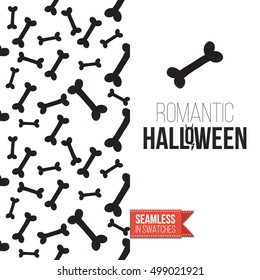 Minimalistic style greeting card for halloween, inspired by spooky symbolism. Seamless pattern with stylized holiday symbol on one side. On another inscription: romantic halloween. Vector template.