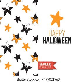 Minimalistic style greeting card for halloween, inspired by spooky symbolism. Seamless pattern with stylized holiday symbol on one side. On another inscription: happy halloween. Vector template.
