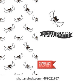 Minimalistic style greeting card for halloween, inspired by spooky symbolism. Seamless pattern with stylized holiday symbol on one side. On another inscription: night party. Vector template.
