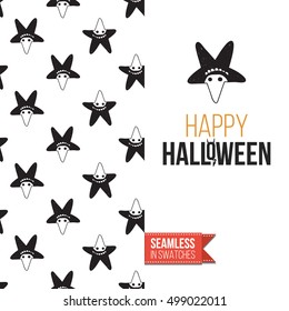 Minimalistic style greeting card for halloween, inspired by spooky symbolism. Seamless pattern with stylized holiday symbol on one side. On another inscription: happy halloween. Vector template.