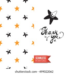 Minimalistic style greeting card for halloween, inspired by spooky symbolism. Seamless pattern with stylized holiday symbol on one side. On another inscription: thank you. Vector template.