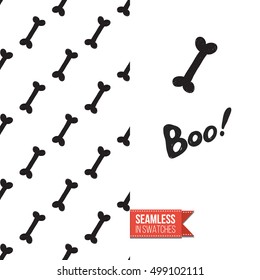 Minimalistic style greeting card for halloween, inspired by spooky symbolism. Seamless pattern with stylized holiday symbol on one side. On another inscription: boo!. Vector template.