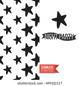 Minimalistic style greeting card for halloween, inspired by spooky symbolism. Seamless pattern with stylized holiday symbol on one side. On another inscription: night party. Vector template.