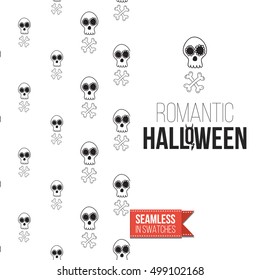 Minimalistic style greeting card for halloween, inspired by spooky symbolism. Seamless pattern with stylized holiday symbol on one side. On another inscription: romantic halloween. Vector template.