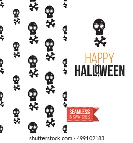 Minimalistic style greeting card for halloween, inspired by spooky symbolism. Seamless pattern with stylized holiday symbol on one side. On another inscription: happy halloween. Vector template.