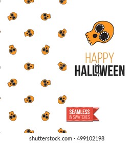 Minimalistic style greeting card for halloween, inspired by spooky symbolism. Seamless pattern with stylized holiday symbol on one side. On another inscription: happy halloween. Vector template.