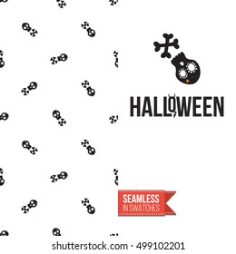 Minimalistic style greeting card for halloween, inspired by spooky symbolism. Seamless pattern with stylized holiday symbol on one side. On another inscription: halloween. Vector template.