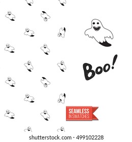 Minimalistic style greeting card for halloween, inspired by spooky symbolism. Seamless pattern with stylized holiday symbol on one side. On another inscription: boo!. Vector template.