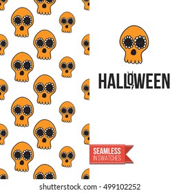 Minimalistic style greeting card for halloween, inspired by spooky symbolism. Seamless pattern with stylized holiday symbol on one side. On another inscription: halloween. Vector template.