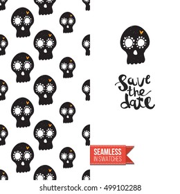 Minimalistic style greeting card for halloween, inspired by spooky symbolism. Seamless pattern with stylized holiday symbol on one side. On another inscription: save the date. Vector template.