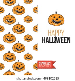 Minimalistic style greeting card for halloween, inspired by spooky symbolism. Seamless pattern with stylized holiday symbol on one side. On another inscription: happy halloween. Vector template.