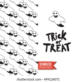Minimalistic style greeting card for halloween, inspired by spooky symbolism. Seamless pattern with stylized holiday symbol on one side. On another inscription: trick or treat. Vector template.