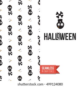 Minimalistic style greeting card for halloween, inspired by spooky symbolism. Seamless pattern with stylized holiday symbol on one side. On another inscription: halloween. Vector template.