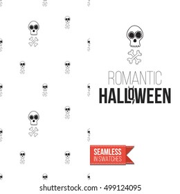 Minimalistic style greeting card for halloween, inspired by spooky symbolism. Seamless pattern with stylized holiday symbol on one side. On another inscription: romantic halloween. Vector template.