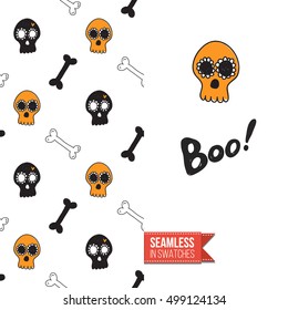 Minimalistic style greeting card for halloween, inspired by spooky symbolism. Seamless pattern with stylized holiday symbol on one side. On another inscription: boo!. Vector template.