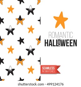 Minimalistic style greeting card for halloween, inspired by spooky symbolism. Seamless pattern with stylized holiday symbol on one side. On another inscription: romantic halloween. Vector template.
