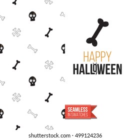 Minimalistic style greeting card for halloween, inspired by spooky symbolism. Seamless pattern with stylized holiday symbol on one side. On another inscription: happy halloween. Vector template.