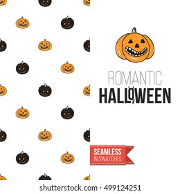 Minimalistic style greeting card for halloween, inspired by spooky symbolism. Seamless pattern with stylized holiday symbol on one side. On another inscription: romantic halloween. Vector template.