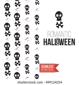 Minimalistic style greeting card for halloween, inspired by spooky symbolism. Seamless pattern with stylized holiday symbol on one side. On another inscription: romantic halloween. Vector template.