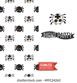 Minimalistic style greeting card for halloween, inspired by spooky symbolism. Seamless pattern with stylized holiday symbol on one side. On another inscription: night party. Vector template.
