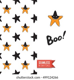 Minimalistic style greeting card for halloween, inspired by spooky symbolism. Seamless pattern with stylized holiday symbol on one side. On another inscription: boo!. Vector template.