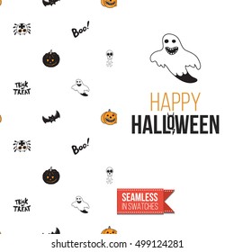 Minimalistic style greeting card for halloween, inspired by spooky symbolism. Seamless pattern with stylized holiday symbol on one side. On another inscription: happy halloween. Vector template.
