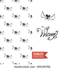 Minimalistic style greeting card for halloween, inspired by spooky symbolism. Seamless pattern with stylized holiday symbol on one side. On another inscription: welcome. Vector template.