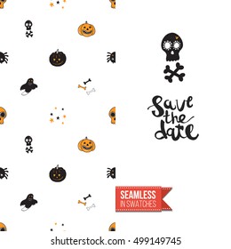 Minimalistic style greeting card for halloween, inspired by spooky symbolism. Seamless pattern with stylized holiday symbol on one side. On another inscription: save the date. Vector template.