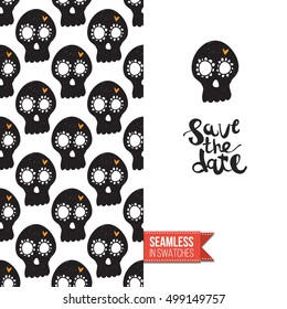 Minimalistic style greeting card for halloween, inspired by spooky symbolism. Seamless pattern with stylized holiday symbol on one side. On another inscription: save the date. Vector template.