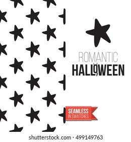 Minimalistic style greeting card for halloween, inspired by spooky symbolism. Seamless pattern with stylized holiday symbol on one side. On another inscription: romantic halloween. Vector template.