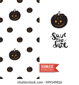 Minimalistic style greeting card for halloween, inspired by spooky symbolism. Seamless pattern with stylized holiday symbol on one side. On another inscription: save the date. Vector template.