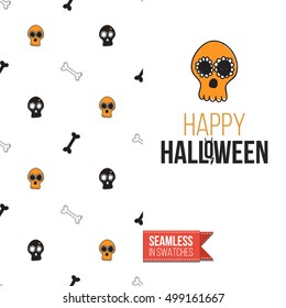 Minimalistic style greeting card for halloween, inspired by spooky symbolism. Seamless pattern with stylized holiday symbol on one side. On another inscription: happy halloween. Vector template.