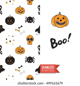 Minimalistic style greeting card for halloween, inspired by spooky symbolism. Seamless pattern with stylized holiday symbol on one side. On another inscription: boo!. Vector template.