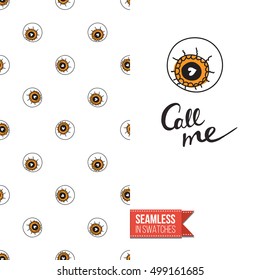 Minimalistic style greeting card for halloween, inspired by spooky symbolism. Seamless pattern with stylized holiday symbol on one side. On another inscription: call me. Vector template.