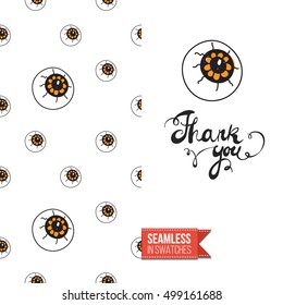 Minimalistic style greeting card for halloween, inspired by spooky symbolism. Seamless pattern with stylized holiday symbol on one side. On another inscription: thank you. Vector template.