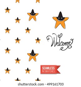 Minimalistic style greeting card for halloween, inspired by spooky symbolism. Seamless pattern with stylized holiday symbol on one side. On another inscription: welcome. Vector template.