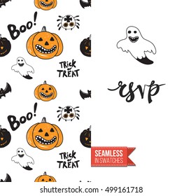 Minimalistic style greeting card for halloween, inspired by spooky symbolism. Seamless pattern with stylized holiday symbol on one side. On another inscription: rsvp. Vector template.