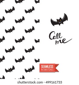 Minimalistic style greeting card for halloween, inspired by spooky symbolism. Seamless pattern with stylized holiday symbol on one side. On another inscription: call me. Vector template.