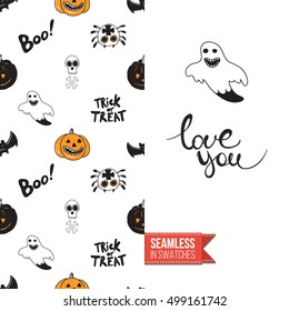 Minimalistic style greeting card for halloween, inspired by spooky symbolism. Seamless pattern with stylized holiday symbol on one side. On another inscription: love you. Vector template.