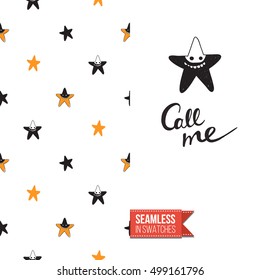 Minimalistic style greeting card for halloween, inspired by spooky symbolism. Seamless pattern with stylized holiday symbol on one side. On another inscription: call me. Vector template.