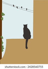 minimalistic style illustration of a black cat sitting on a fence wall looking at the sky, a cat-themed wall display