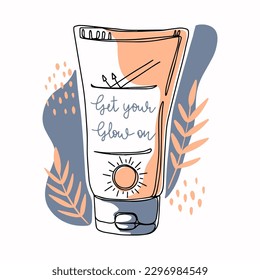 Minimalistic style illustration of  a cosmetic packaging, sunscreen in a tube. Leaves, abstract stains, dots. Summer, sun and spf on a sun cream tube