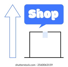 A minimalistic style image of a large upward arrow next to a speech bubble with the word Shop and a box beneath it. Ideal for retail, sales, marketing, e-commerce, navigation