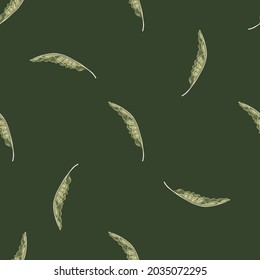 Minimalistic style jungle seamless pattern with doodle banana leaves print. Green olive background. Flat vector print for textile, fabric, giftwrap, wallpapers. Endless illustration.