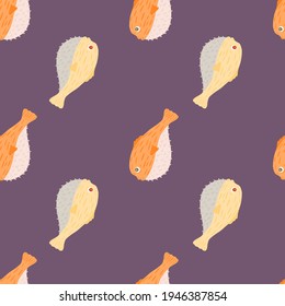 Minimalistic style marine wildlife seamless pattern with cute orange fugu fish ornament. Purple pastel background. Perfect for fabric design, textile print, wrapping, cover. Vector illustration.