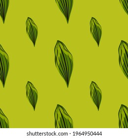 Naturaleza de estilo minimalista sin fisuras con hojas de contorno verde adorno. Fondo verde pastel. Ilustración bursátil. Diseño vectorial para textiles, tela, giftwrap, papel pintado.